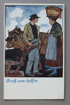 Ansichtskarte AK Gruß aus Hessen 1930er Jahre Bauer Ochsen Pflug Bäuerin Hessen